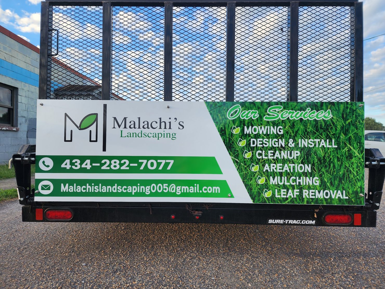 Malachi's Landscaping trailer graphics with services list