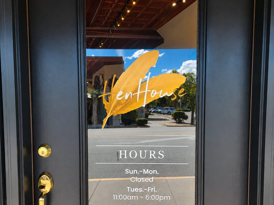 HenHouse Shoppe gold feather door vinyl with store hours